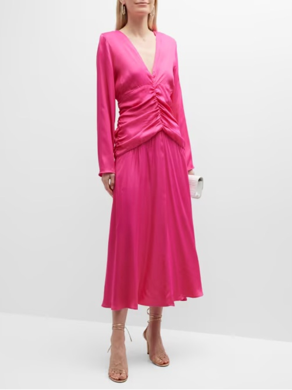 NWT FARM RIO Pink Long Sleeve Ruched Waist Midi Dress